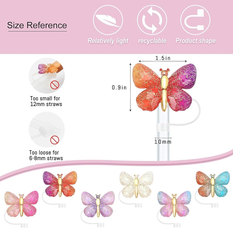 SEMATA 6PCS Cute Butterfly Straw Cover Cap for Stanley Cup Accessories,Glitter Straw Toppers for Stanley Tumbler 40&30 oz,Reusable Straws Tips Protectors Compatible with 10mm Straws - Image 2